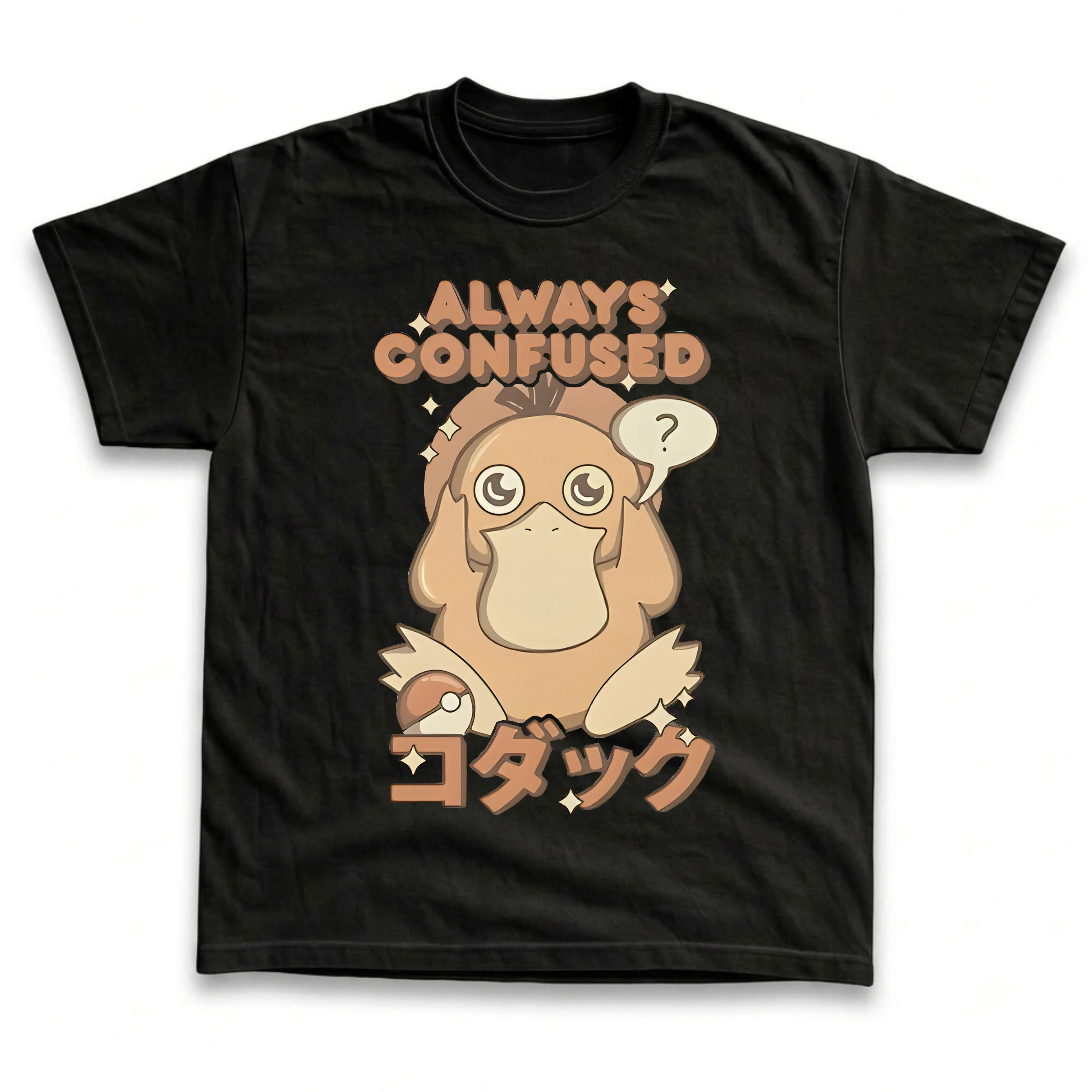 Men's and Women's T-Shirt, Vintage Always Confused Graphic Tee, Pokebon Psyduckk T-Shirt, Unisex Gift Manga Anime Tshirt, Gothic Grunge Y2K Emo Scene Amity Affliction Style Clothes Menswear Womenswear Streetwear