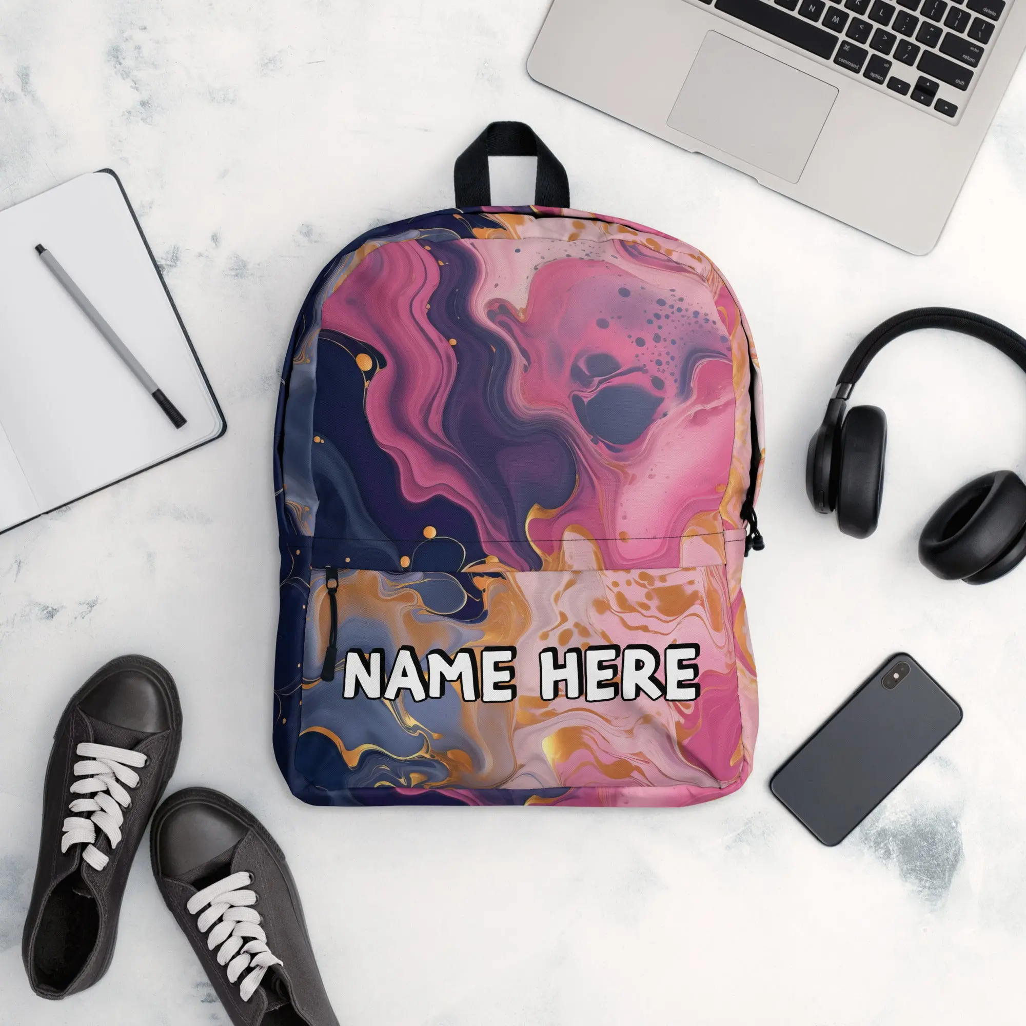 Custom Name Marble Backpack, Personalized Elegant Rucksack, Customized Minimalist School Bag, Abstract Gift, Marble Present