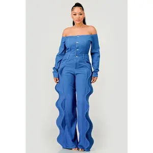 Off-Shoulder Wave Detail Denim Jumpsuit