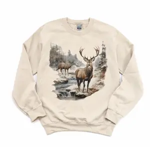 Women's Retro Deer Wilderness Scene Unisex Long-Sleeve Sweatshirt - Vintage Buck And Doe Print, Boho Crewneck, Casual Spandex Fabric