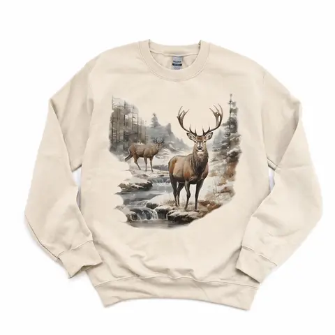 Vintage 90s Deer Marsh Old Forest Pullover Sweatshirt - Boho Round Neck, Retro Deer Wilderness Scene, Vintage Buck And Doe Shirt