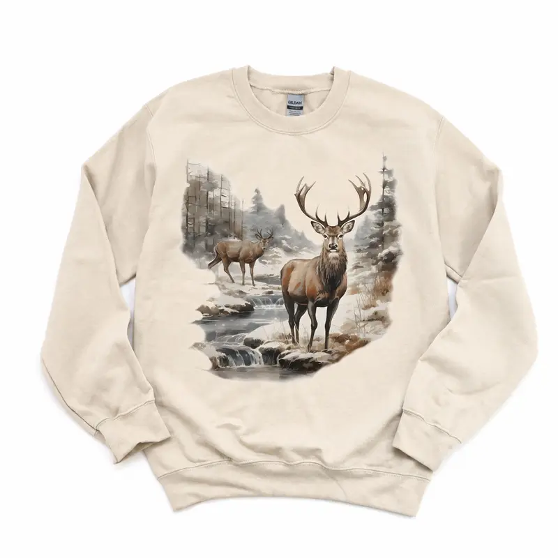 Vintage 90s Deer Marsh Old Forest Pullover Sweatshirt - Boho Round Neck, Retro Deer Wilderness Scene, Vintage Buck And Doe Shirt