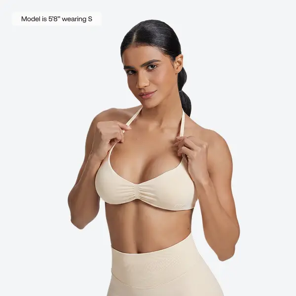 BetterMe SculptMe Women's Strappy Wirefree Seamless Sports Bra - Ivory, Halterneck Backless, Twill Knit Nylon Spandex, Stretch Breathable, Gently Supported, Removable Padding, Supportive Gym Bra, Bralettes Top Outfit, Cold Wash Friendly