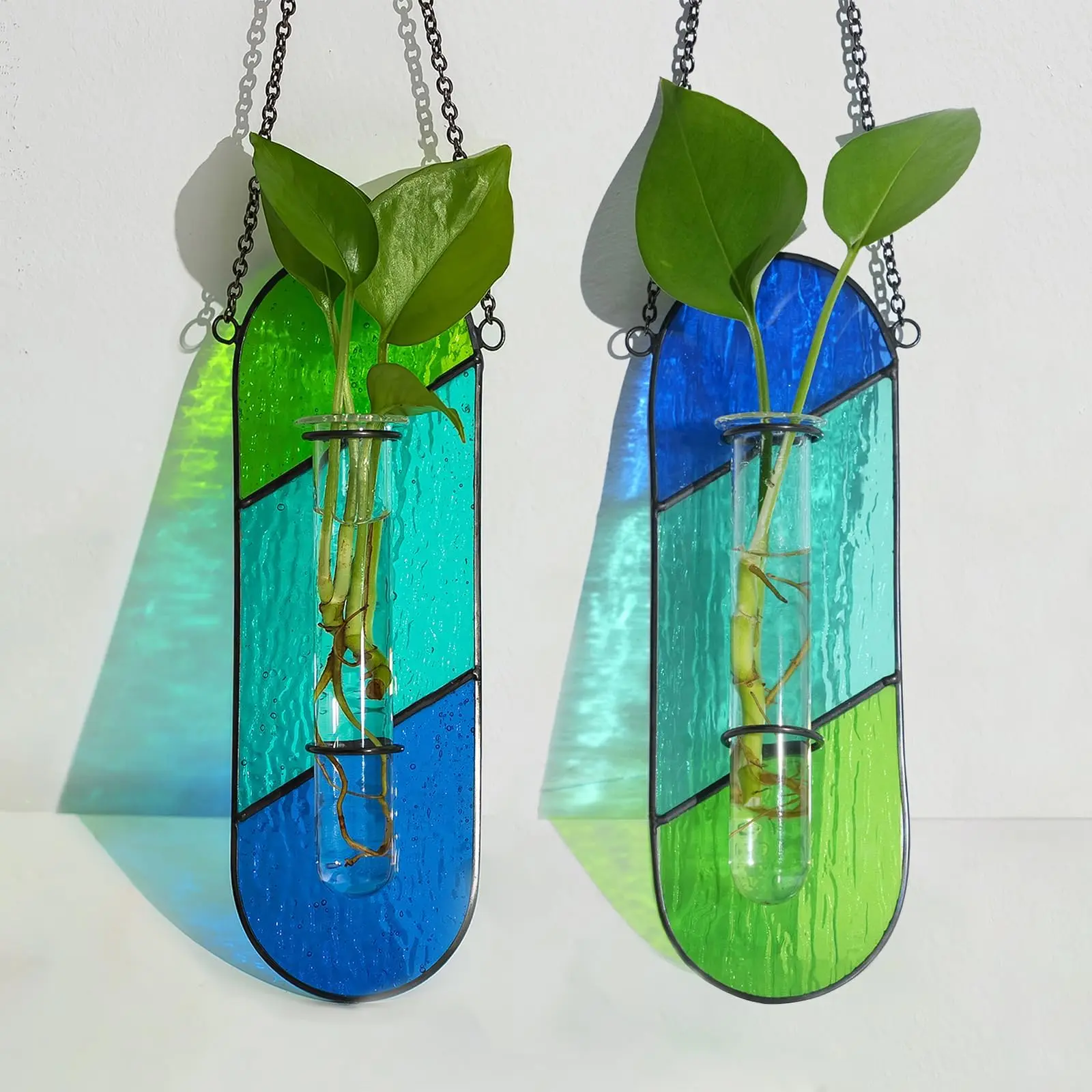 Glasseam Handcrafted Stained Glass Plant Propagation Station - 2-Piece Hanging Hydroponic Planters with Suction Cups, Hanging Baskets for Window Decor, Plant Decor, Home Garden Supplies