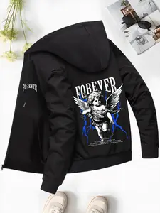 Spring/Autumn New Arrival Men's Jacket Black Letter and Sculpture Print Pattern Casual Sports Long-Sleeved Zip-Up Hooded Windproof Warm Men's Clothing Jacket