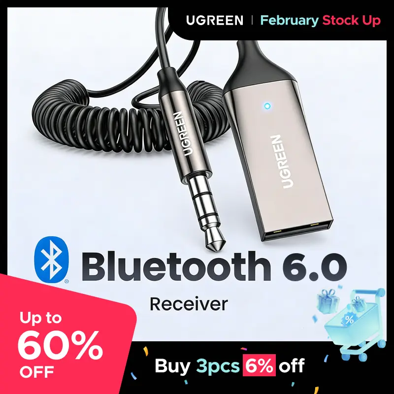 UGREEN Aux to Bluetooth 6.0 Adapter Wireless Receiver for Car Hands-Free with Built-in Microphone AUX 3.5mm Stereo Audio - Dealsforyourdays Auxiliary Cord Grey,TikTokShopBlackFriday,TikTokShopCyberMonday,Tiktokshopstockup 
