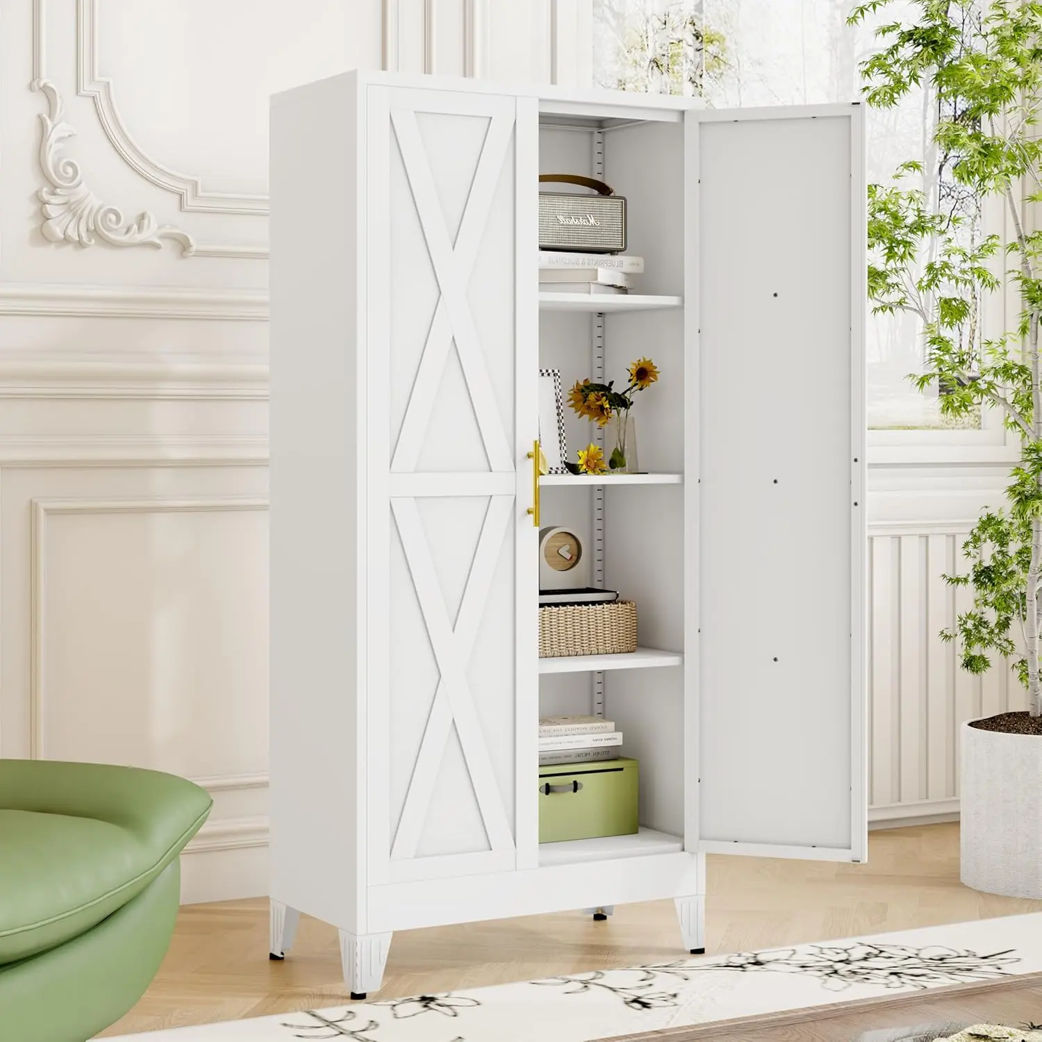 61" H  Freestanding Cupboard with 2 Doors and 3 Adjustable Shelves, Metal Kitchen Pantry Storage Cabinet,Standing Storage for Kitchen, Bathroom, Dinning Room or Utility Room
