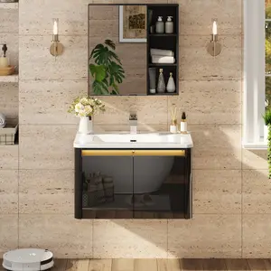30" Floating Bathroom Vanity with Sink & Mirror, Wall Mounted Bathroom Cabinet Set with LED Sensor Light, Soft Close Drawers
