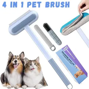 Pet Hair Remover Brush - Reusable Multifunctional Pet Hair Removal Tool for Furniture, 4 in1 Cat and Dog Hair Removal, 17.3Inch Adjustable Long Handle, Gentle on Couch Carpets Bedding (1 Set)