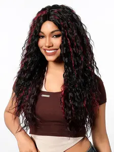 28 Inch Long Red and Black Mixed Kinky Curly Synthetic Wigs for Women, Gorgeous Fluffy Wigs without Bangs, Synthetic Lace Front Wigs for Party, Daily Use