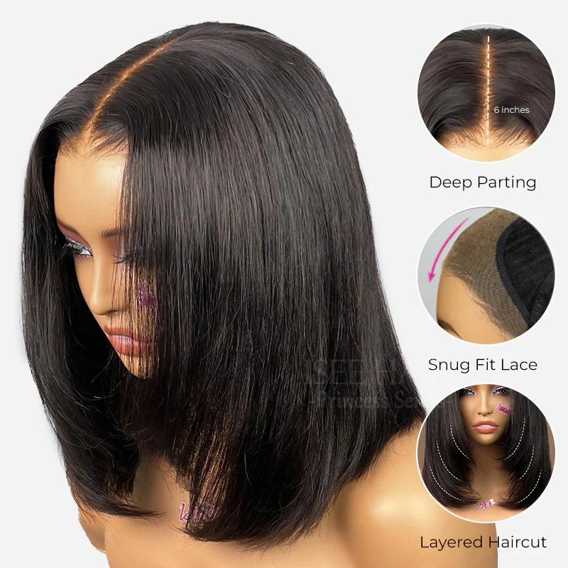 【Hot】ISEE HAIR Wear Go 9x6 Tpart Layered Cut Bob Yaki Straight Wig 180% & 250% Natural Black & Reddish Brown Deep Part Lace Glueless Wig #TikTokShopHolidayHaul