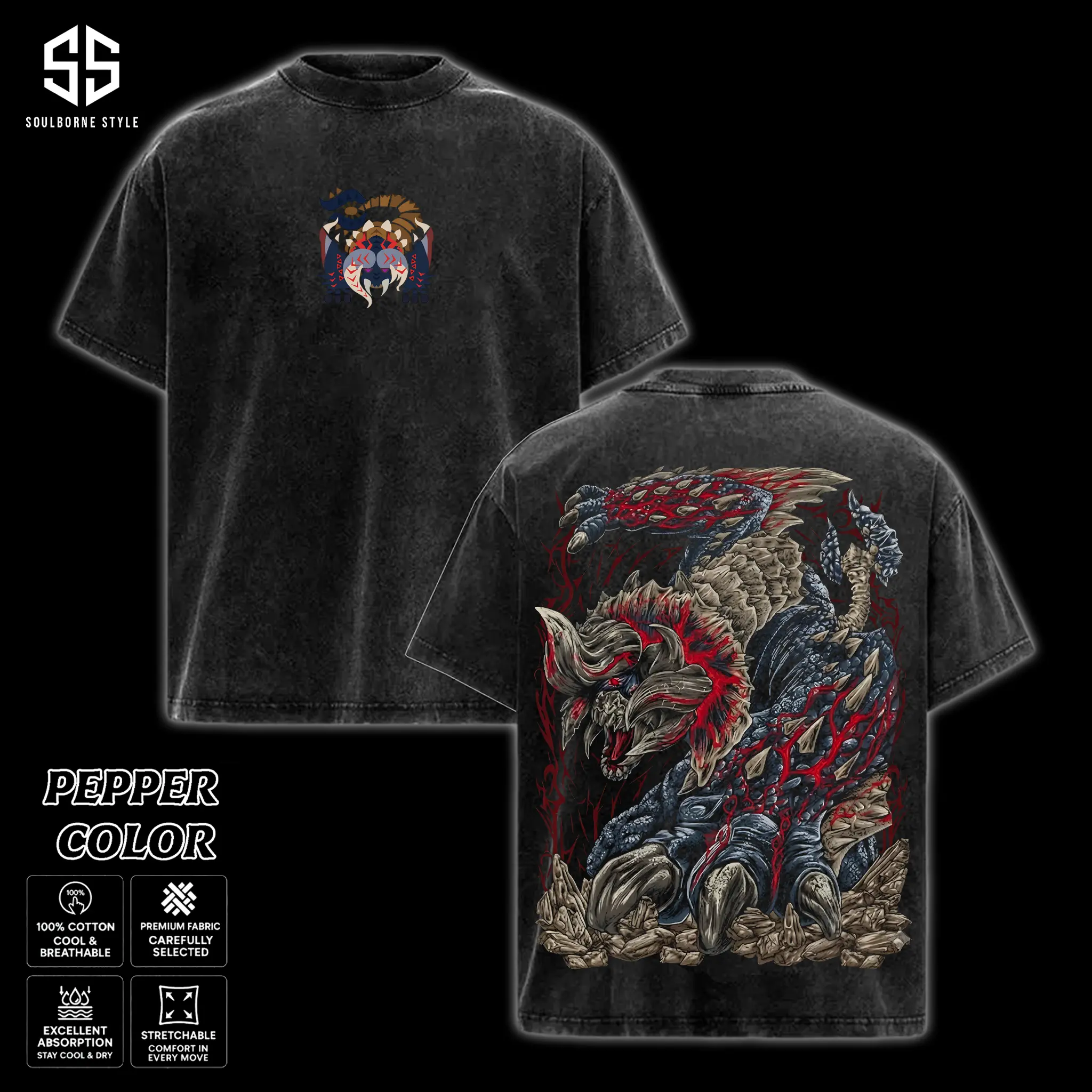 [Soulsborne Style Collection] Vintage Bloodbath Diablos - Monster Hunter Unisex Comfort Colors T-shirt, Action RPG Gaming Apparel, Game Shirt, Video Game Clothes, Boy Merch, Gift For Him, Gift For Her, Cotton Crewneck Top Clothes Streetwear