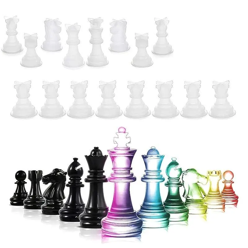 16pcs Chess Resin Silicone Mold, Upgrade 3D 16pcs Chess Mold Kit for Resin Casting Full Size, Chess Epoxy Molds for Adult Family to DIY Art Crafts Home Decoration