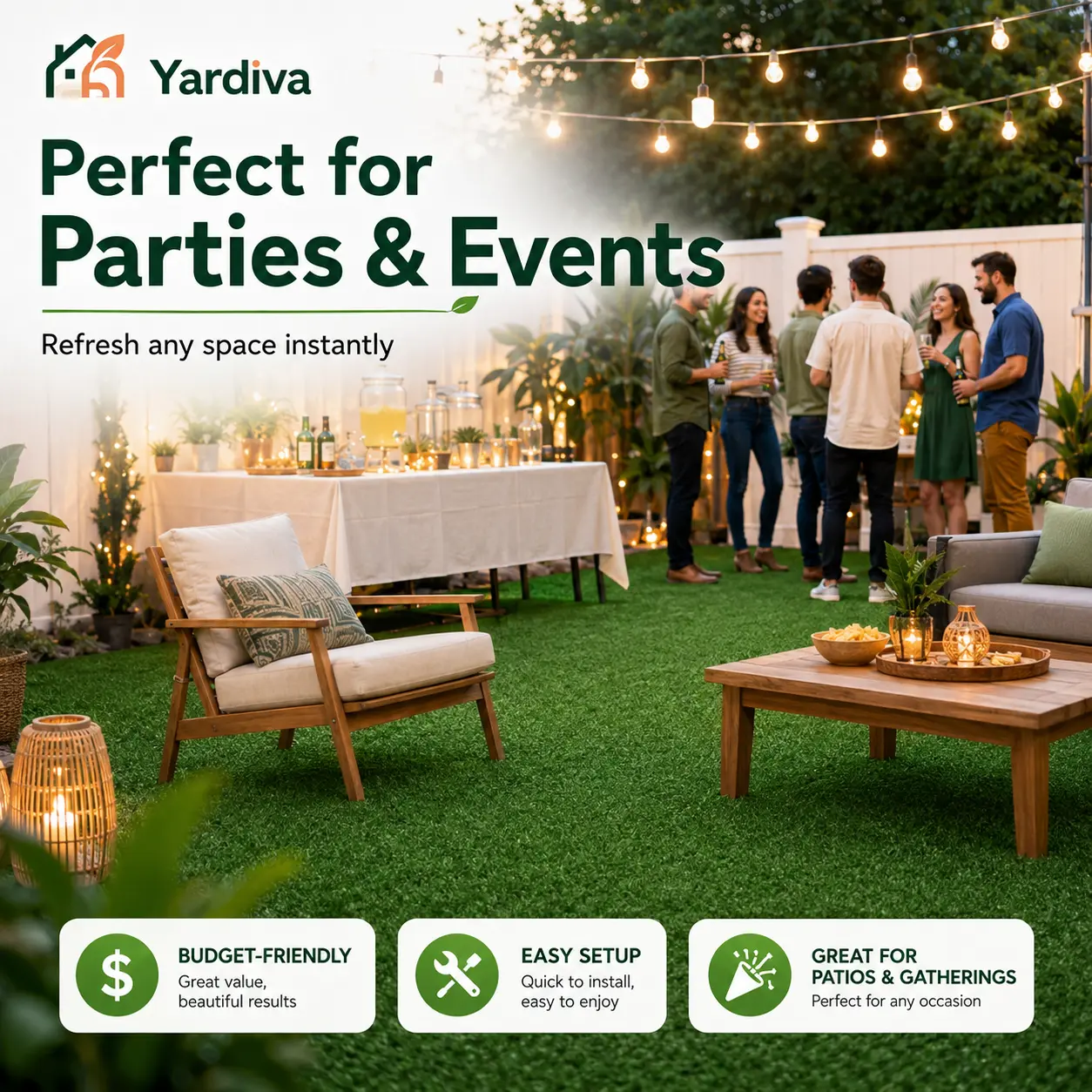 Yardiva Temporary Artificial Grass Turf Roll with Drainage Holes, Budget-Friendly Synthetic Lawn for Parties, Events, Weddings, Temporary Fencing, Booth Flooring, Patios, Balconies & Outdoor Decor, Easy DIY Installation with Free Tool Kit