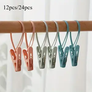 12/ 24pcs Small Clothes Pins, Travel Drying Clip With Lanyard, Travel Towel Socks Drying Clips, Plastic Clothespins, Household Clothes Pegs
