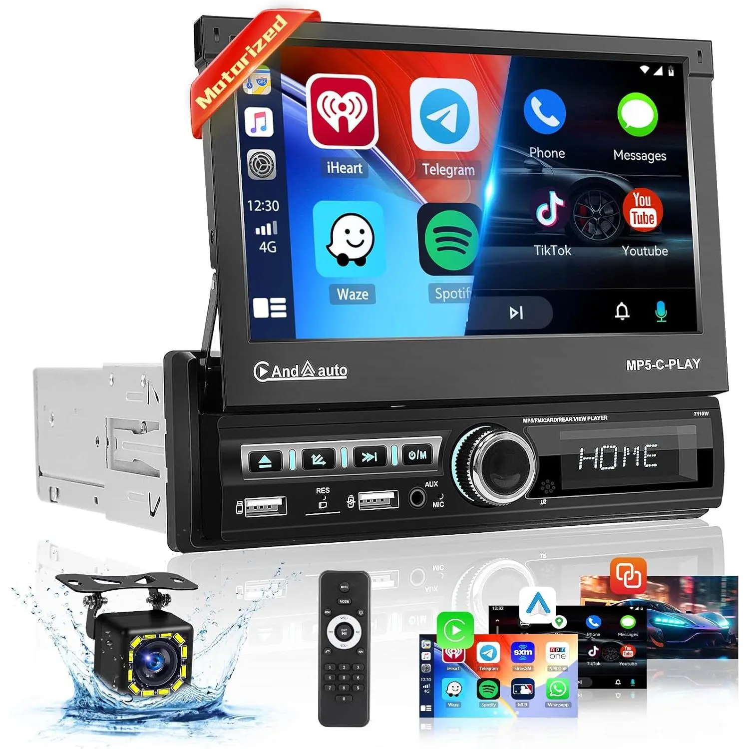 RIMOODY Automotive Motorized Flip Single Din 7-in Full HD Screen Touchscreen Car Stereo - Wireless CarPlay, Android Auto, Bluetooth Audio Receiver, Online Video Support, Dual USB, AUX Car Gadget, Carplay Screen For Car, Car Gadgets