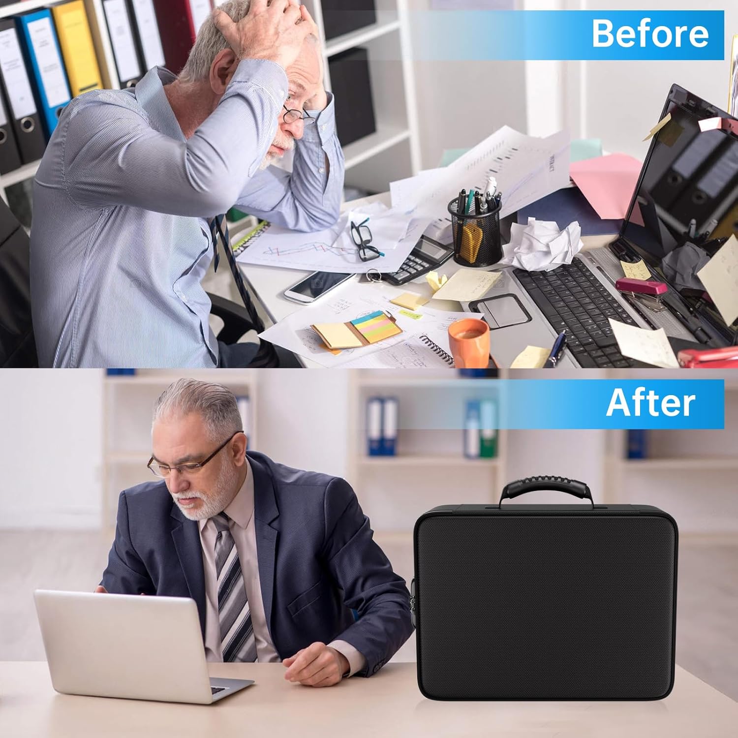 Fireproof File Box 5200℉, 15"×11.2"×4.3" File Bag, Foldable File Organizer with 13 Pockets and Labels, Lockable Portable File Storage Box, Black