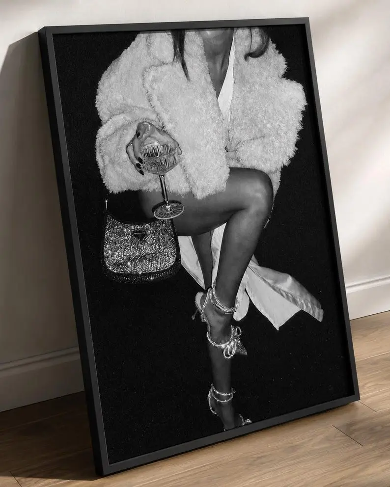 Party Girl Aesthetic Poster, Sequin Heels & Fur Coat Print, It Girl Wall Decor, Glamour Night Out Fashion Photography, Luxury Editorial Art