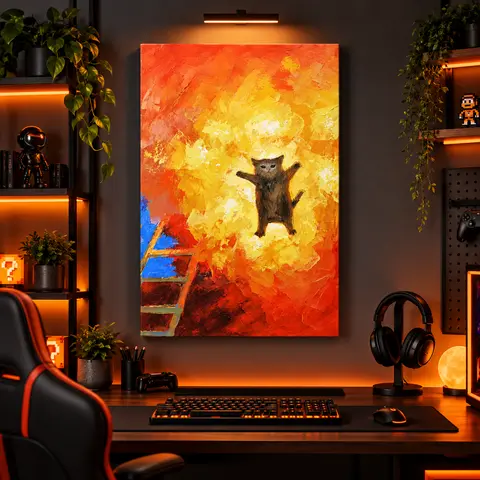 Funny Cat Meme Oil Painting Canvas Wall Art Vibrant Abstract Orange Flame Aesthetic Room Decor Quirky Impasto Kitty Artwork Modern Home Living Room Bedroom Office Interior Design Trendy Wall Decor Style Whimsical Room Decor