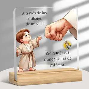 Jesus Will Never Leave Me Letter Pattern Acrylic Plaque, Wooden Base Decorative Ornament, Home Decor for Living Room Bedroom, Christian Gifts, Signs