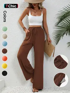 Women's Plain Pocket Tie Front Adjustable Elastic Waist Straight Leg Pants, Casual Style High Waist Wide Leg Trousers for Daily Wear, Ladies Bottoms for All Seasons, Baggy Pants