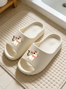 1 Pair Slides, EVA Material, Comfy Casual Style, Cloud-like Soft Thick Sole, Kawaii Cat & Flower Print, Women's Home & Outdoor Slippers