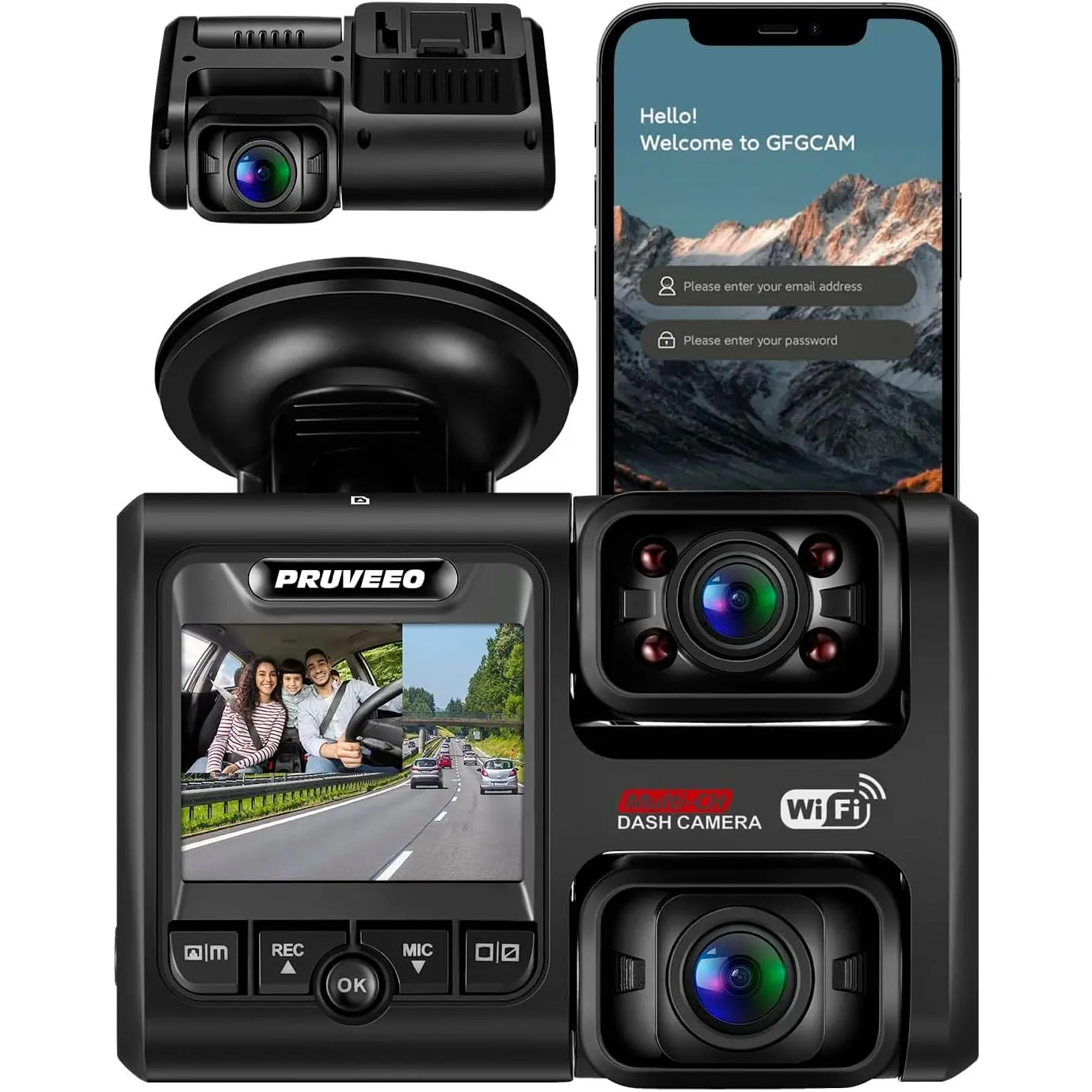 PRUVEEO Dash Cam, Front and Inside 1080P Dual FHD Dash Camera for Cars, Novatek Processor, Single-Channel 2160P, Infrared Night Vision, Built-in WiFi, 24H Parking Monitor Mode, 2 Inch LCD, 512 Gb Max, Cable Clips, 3M Adhesive Mount Kit, Low Profile, Advan
