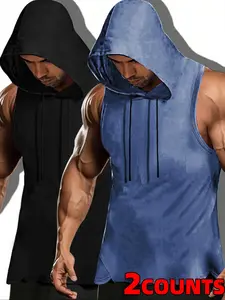 Men's Casual Sports Vest Two-Piece Set, Solid Color Irregular Hem, Hooded Drawstring Design, Breathable Comfort Material, Summer Essential, Breathable Workout Tops, Gym Workout Clothes
