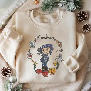 Button Eyes Girl Embroidery Sweater, Mystery Cat Stitch Crewneck, Spooky Cute Knit