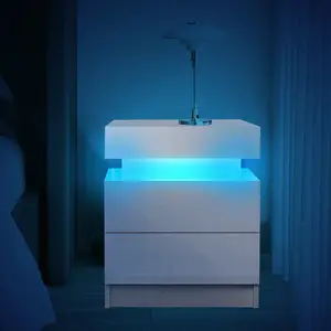 Starry Home LED Nightstand with 2 Drawers, Bedside Table with High Gloss Drawers for Bedroom Furniture,Bed Side Table with Flip-Top Hidden Storage Space, Modern White Nightstand for Small Space