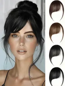 1PC women's clip-on synthetic bangs wig set, featuring natural-looking, realistic fake bangs paired with sideburn styling, using seamless, soft hair extensions, Synthetic Wigs