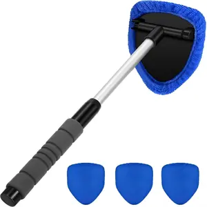 Windshield Cleaning Tool, Car Glass Cleaner with Extendable Handle, Reusable Microfiber Pads, Universal Set for Office and Home Use