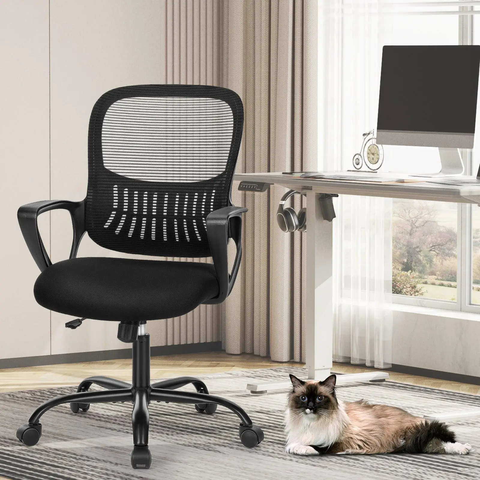 ZHUMI-C-3718-BK Ergonomic Drafting Chair, Fixed Handrail, Adjustable Footrest & Height Adjust, Nylon Base, 24.20 x 22.80 x 41.50 inches, Quick Setup, Assembly Required for Office Comfort