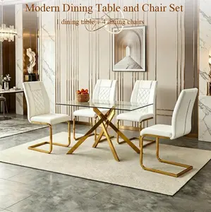 5-Piece Dining Table & Chairs Set, 51.18” Rectangular Tempered Glass Table + 4 High-Back PU Leather Chairs, Gold Metal Legs, Modern Kitchen Table for Living & Dining Room, White & Gold