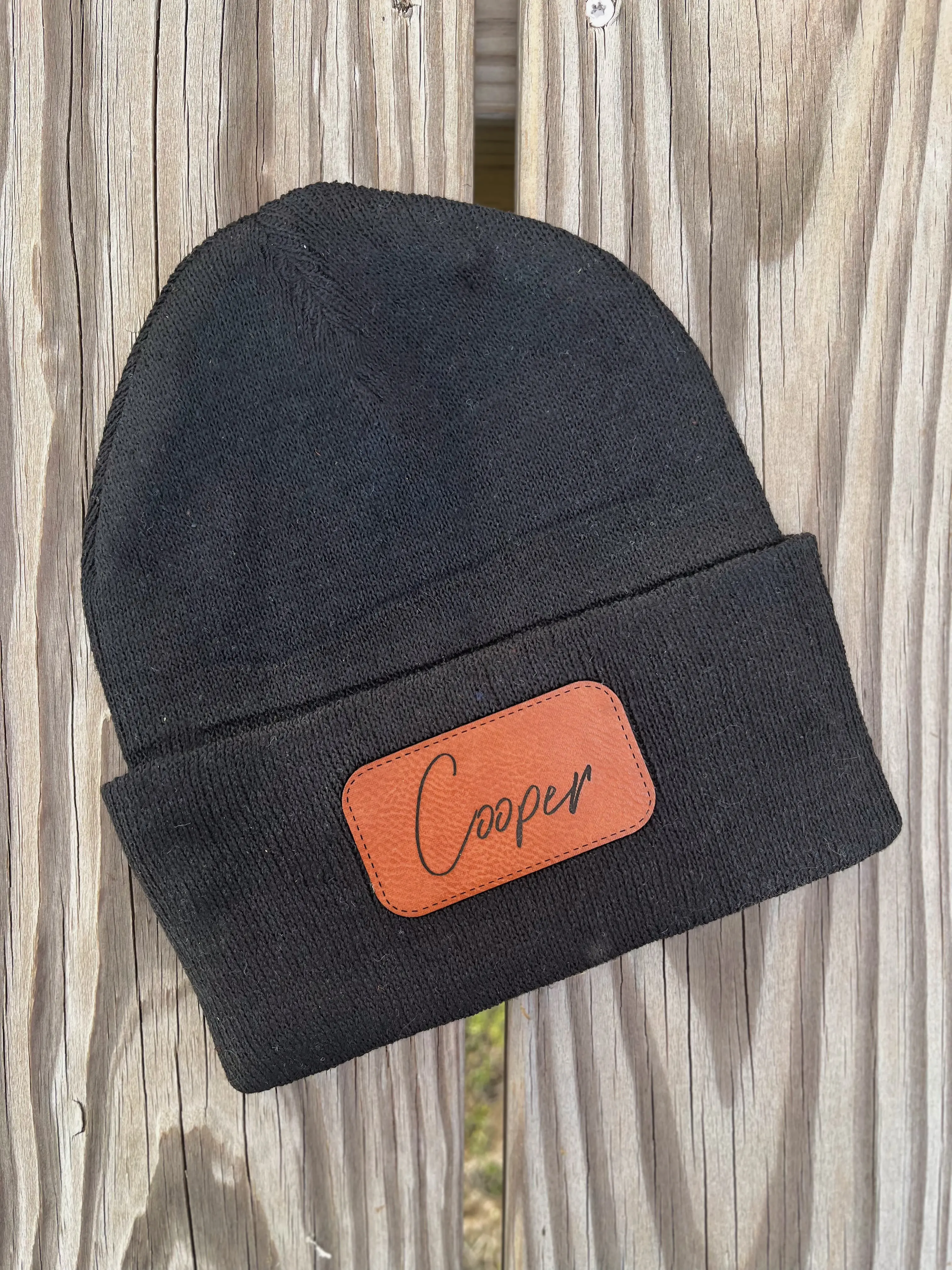 Personalized Leather Patch Beanie for Unisex made of Cowhide Material for Cold Weather - Leather Patch Beanie - Name on Beanie - leather Patch Custom Hat - Custom Kid Hat - Name Patch Beanie