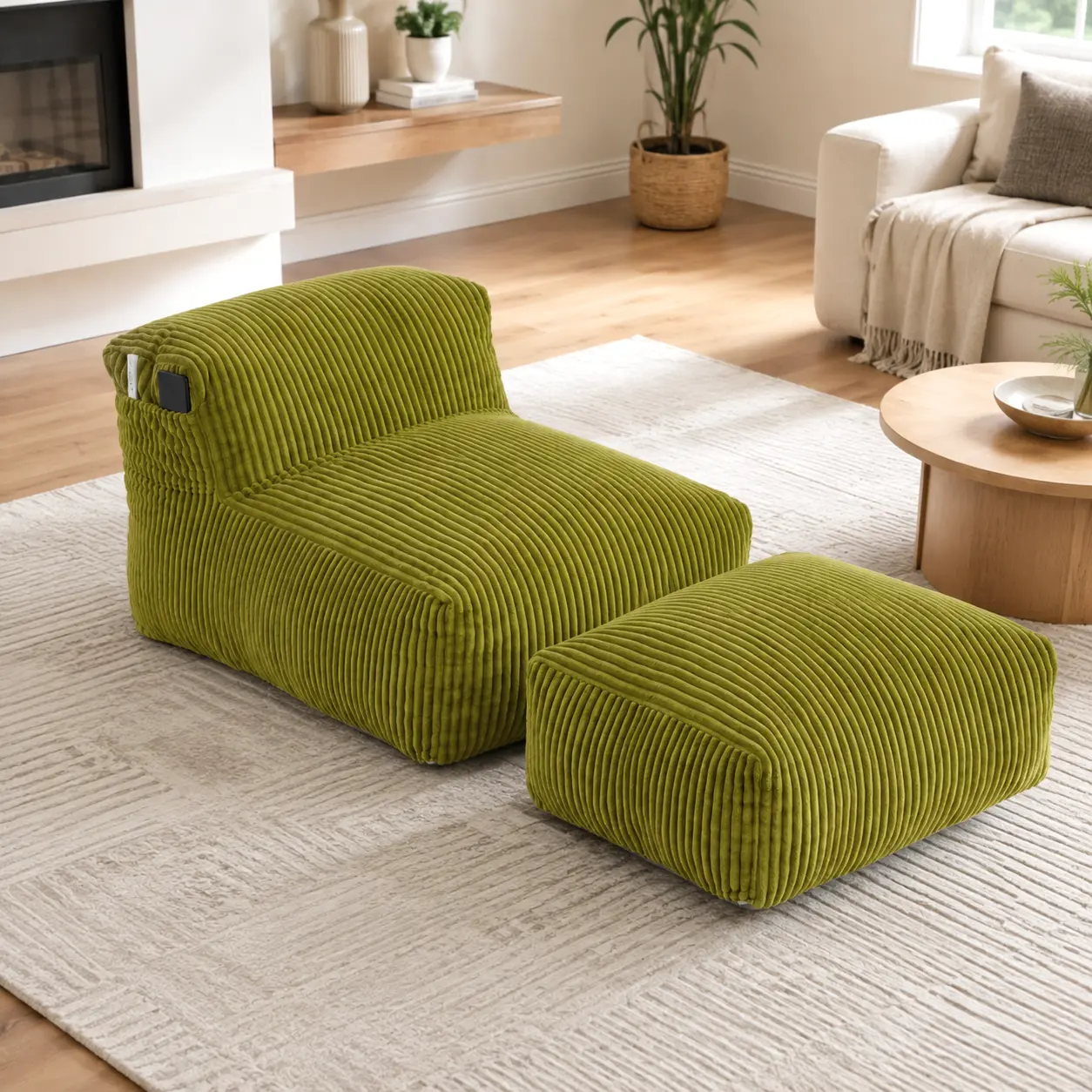 Corduroy Lounge Chair with Ottoman, Memory Foam Lazy Sofa Chair with Side Pocket, Comfy Armless Floor Chair and Footrest Set, No Assembly Accent Chair for Living Room Bedroom Apartment