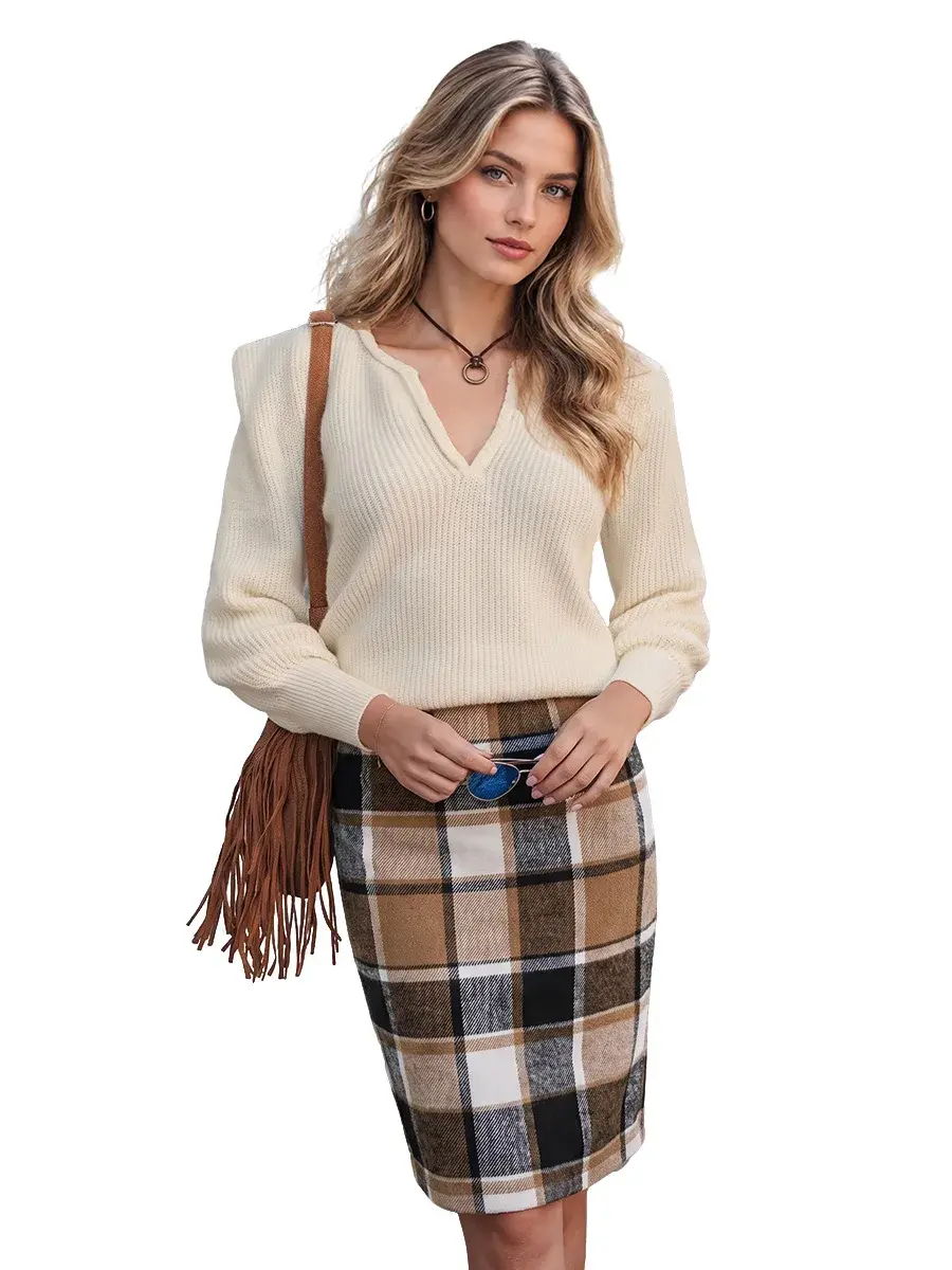 IDEALSANXUN Women's High-Waisted Tartan Checkered Wool Tweed Bodycon Skirt - Knee-Length, Zipper, Slit, Fall-Winter Corporate Business Casual Work Wear