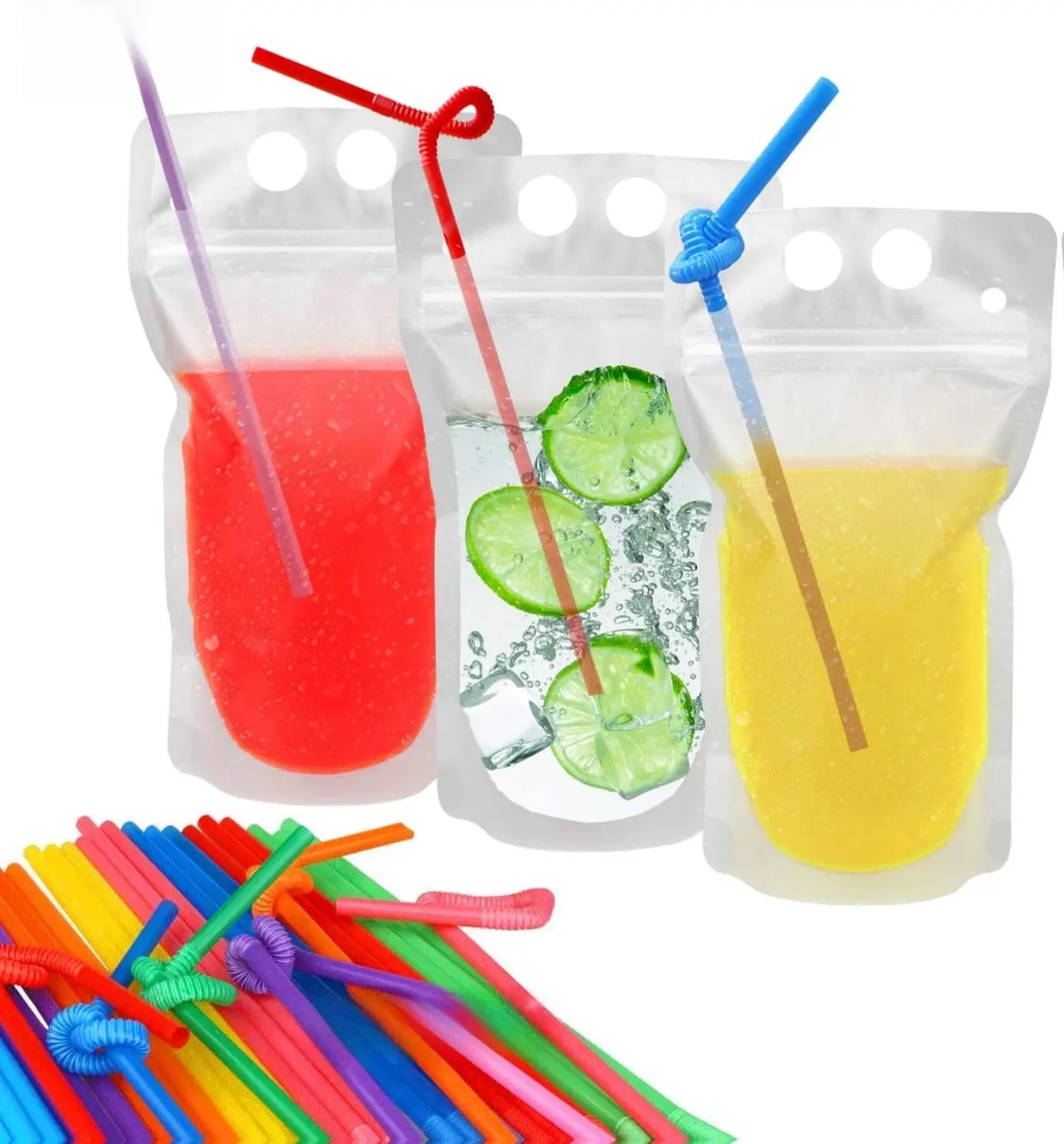 100 Pcs Drink Pouches with 100 Straw Holes, Freezable Juice Pouches, Translucent Reclosable Zipper Plastic Pouche Drink Bags for Cold & Hot Drinks for Adults and Kids