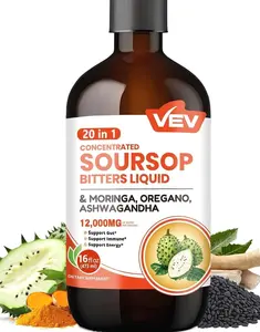 VEV Soursop Bitters Liquid, Graviola Extract Sugar-Free Formula, 20 IN 1, with Black Seed, Moringa & Oregano, Digestive Health & Immune Function, Stress Relief, Sleep Support, Vegan -16 oz