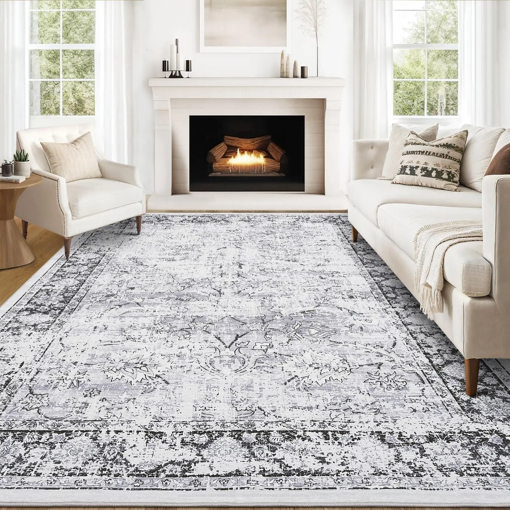 9x12 Washable Non-Slip Vintage Area Rug - Soft Pearl Velvet, Low Pile, Distressed Print, Non-Shedding - Perfect for Bedroom, Living Room, Gray