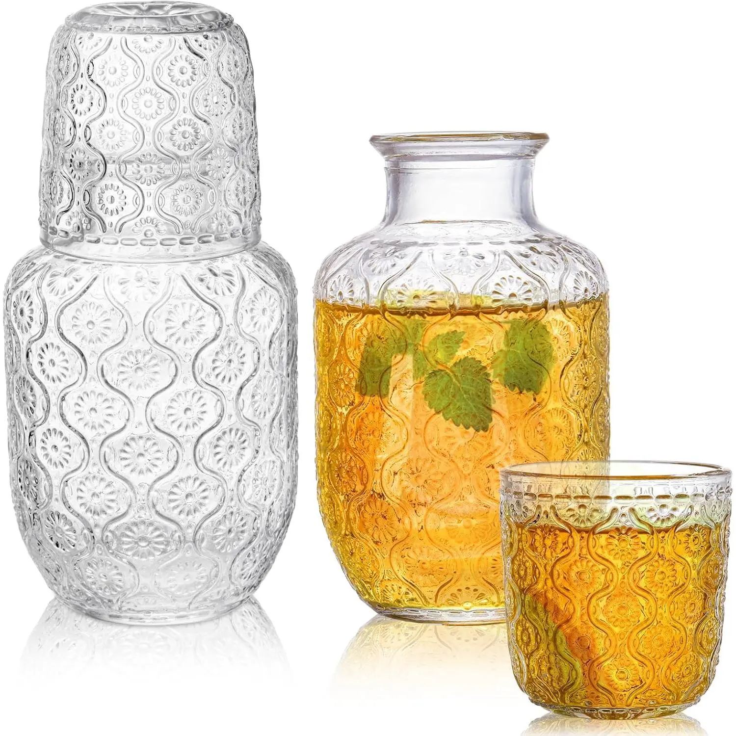 4 count Bedside Water Carafe and Glass Tumblers, 20 OZ Clear Nightstand Pitcher with 5 OZ Cup Set, Glass Mouthwash Decanter  Elegant Glassware for Juice, Kitchen, Bedroom, Bar, Bathroom
