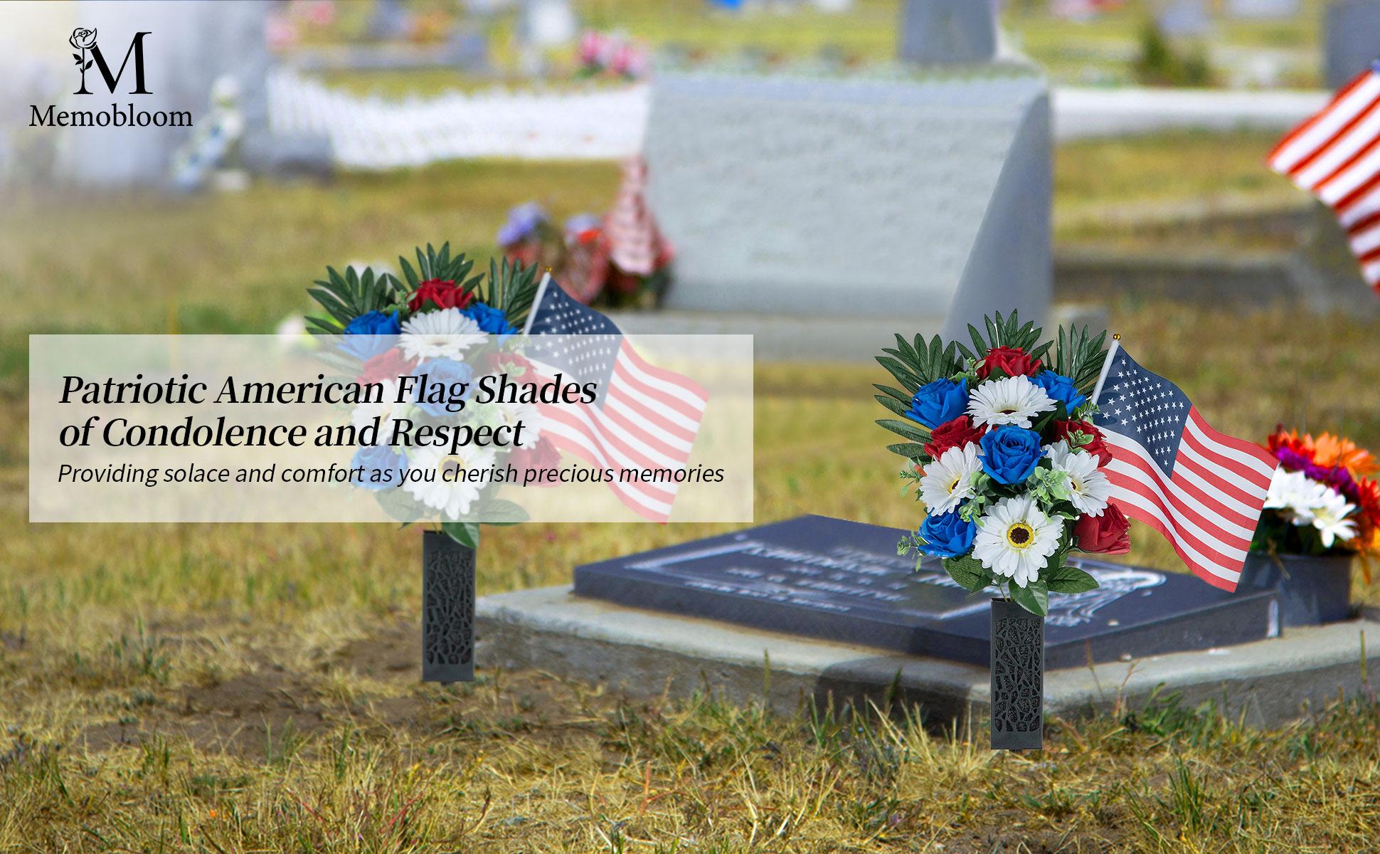 Memorial Day Flowers for Cemetery: 2 Pcs Outdoor Grave 250th Anniversary USA Decorations - Artificial Patriotic Cemetery Flowers for Grave - Red White Blue Roses with American Flags Vase