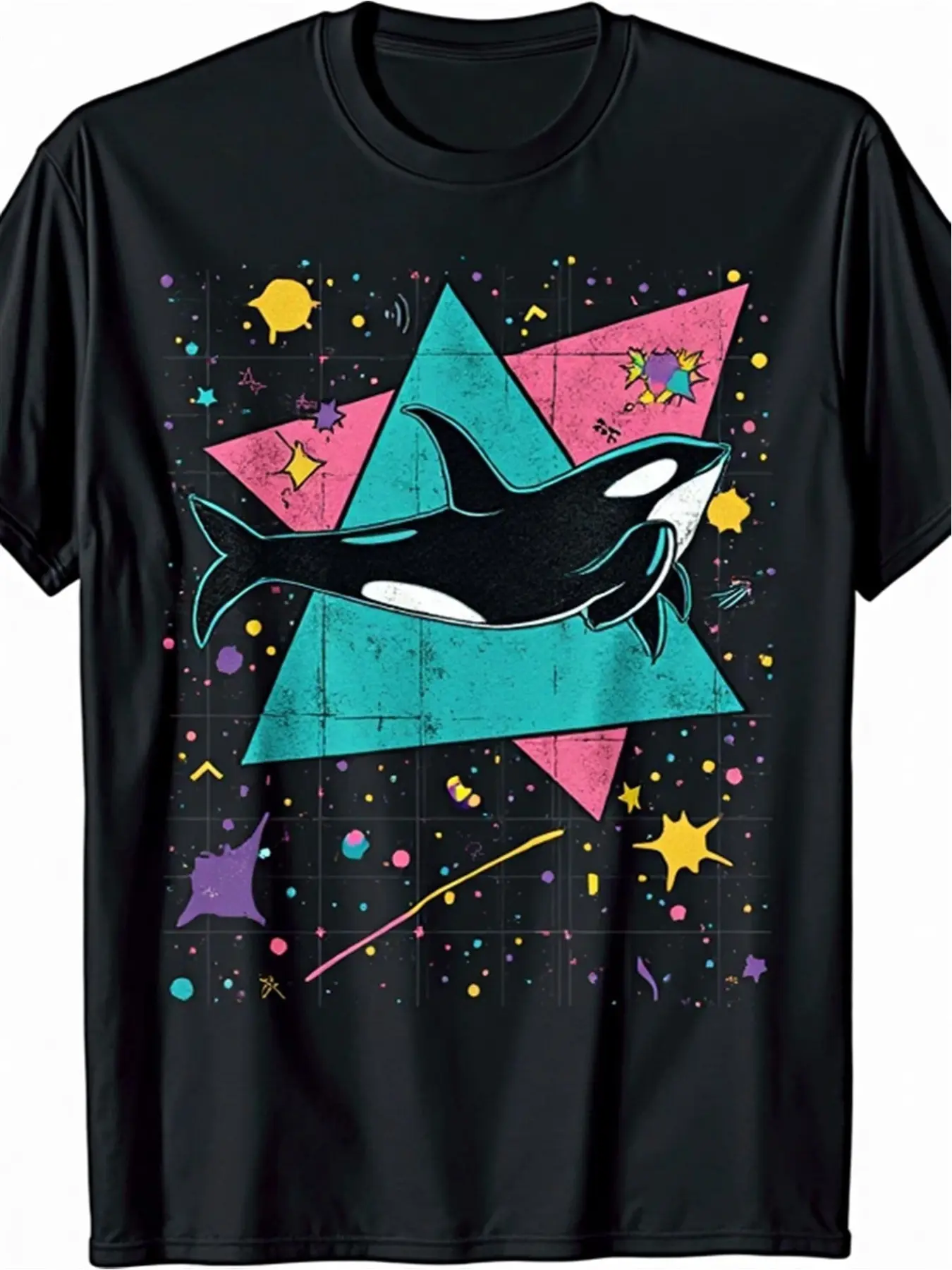 Men'S Vintage 90S Retro Orca Killer Whale Geometri unisex soft cotton short sleeve t shirt, vintage graphic casual tee for men women teens, perfect birthday holiday gift for camping travel gym daily street  wear