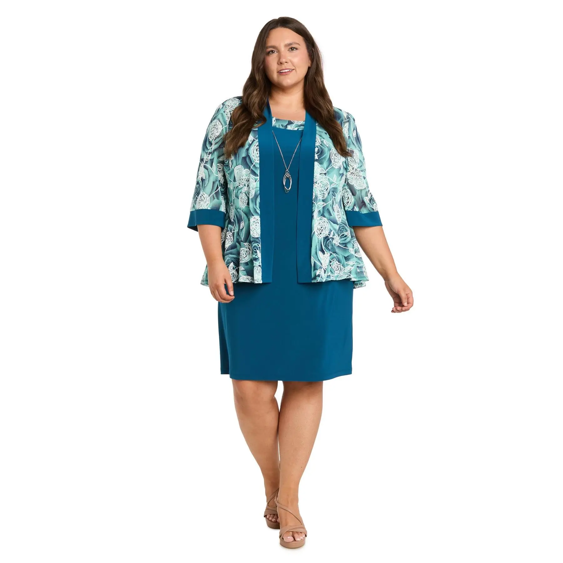 Teal Rose Printed Jacket Dress - Plus