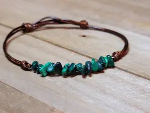 Handcrafted Adjustable Chip Malachite Bracelet with Brown Cord