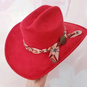 WOMENS RED FEDORA FELT WESTERN HAT WITH PINK BAND AND RUSTIC DECOR