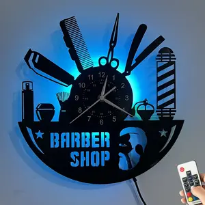 Barber Shop Theme Vinyl Wall Clock 7 Color LED Lights Silent Handmade Classic Barber Tools Wall Art Home Kitchen Decor (Battery Not Included)