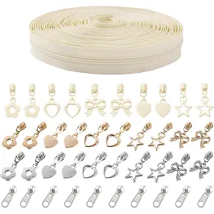 10 Yards Sewing Zipper Tapes with 40 pcs Assorted Charm Pulls Bulk Nylon Coin Zippers for Bags and Purses Tailor DIY Craft Sewing Supplies (#3 White)