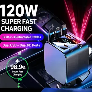 7-in-1 Car Cup Holder Charger with Retractable Cables, 180° Rotating Super Fast Charging Station, Star Light LED Voltage Display, USB-C Car Adapter Compatible with iPhone 16/15/14, Samsung Galaxy