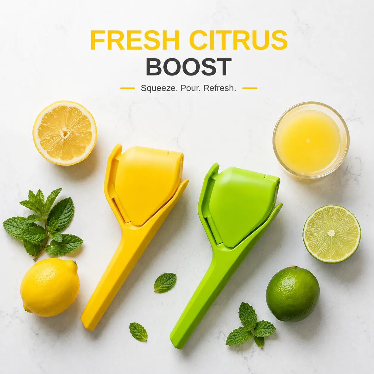 Plastic ABS Ultralight Kitchen Lemon Fruit Press - Kitchen Gadgets Citrus Squeezer with Handles, Easy Juicing Extractor Utensils, Max Yield, Min Effort, Fresh Juice in 3 Simple Steps, Includes Bowl & Cup, Single Unit